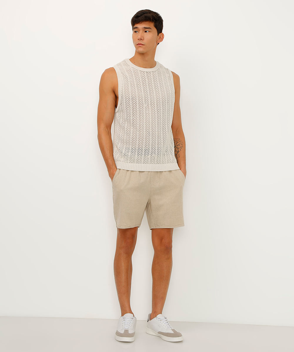 bermuda jogger com linho barra redonda bege