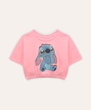 blusa de algodão infantil disney stitch com paetê manga curta rosa