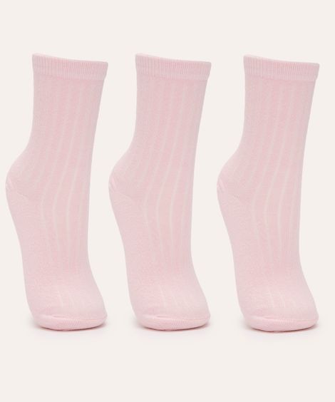 kit de 3 pares de meia canelada juvenil rosa
