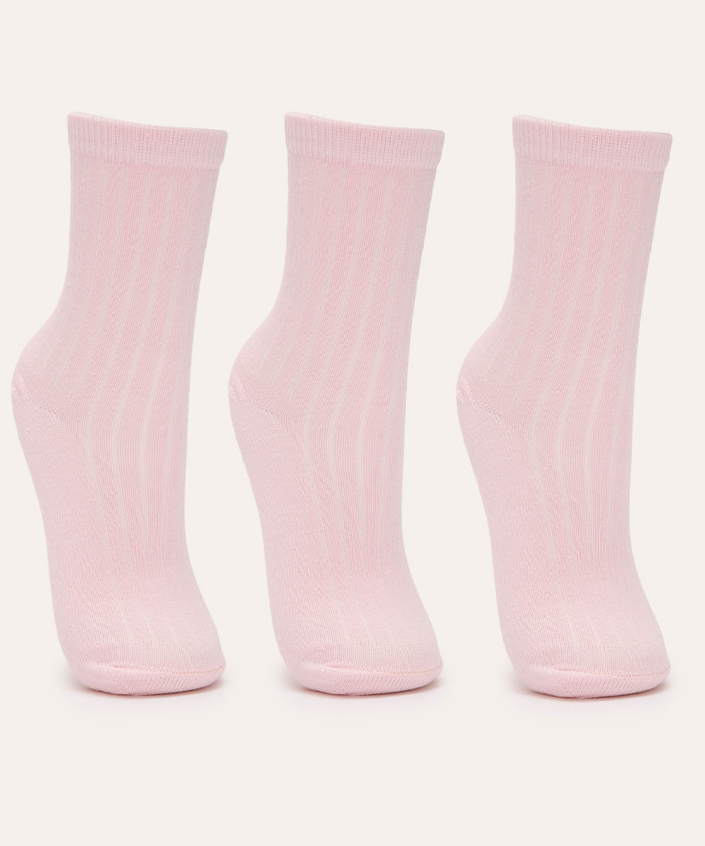 kit de 3 pares de meia canelada juvenil rosa