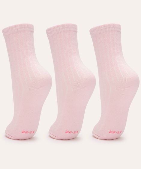 kit de 3 pares de meia canelada juvenil rosa