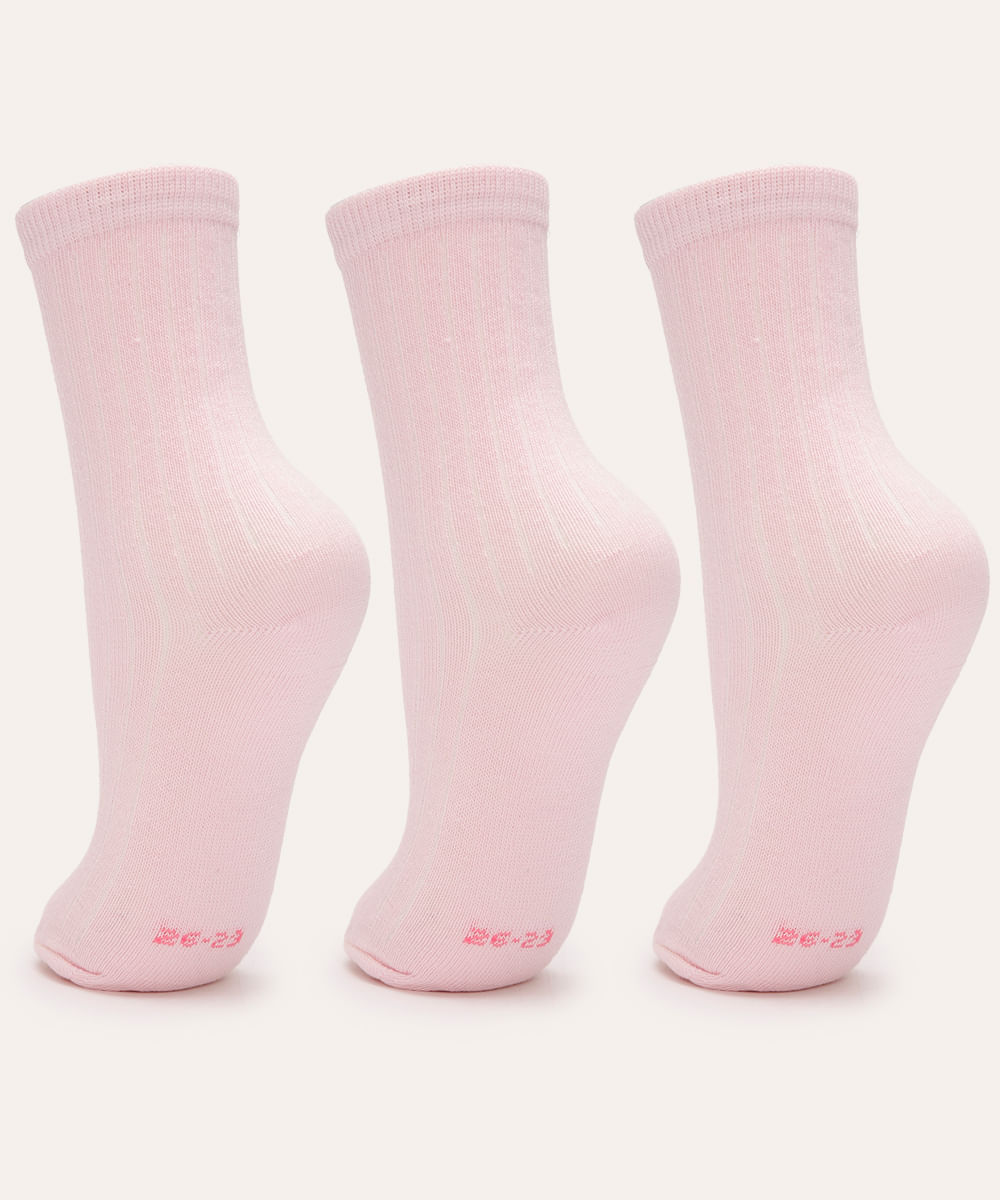 kit de 3 pares de meia canelada juvenil rosa