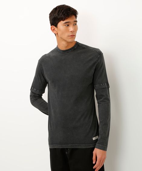 camiseta de algodão manga longa preta