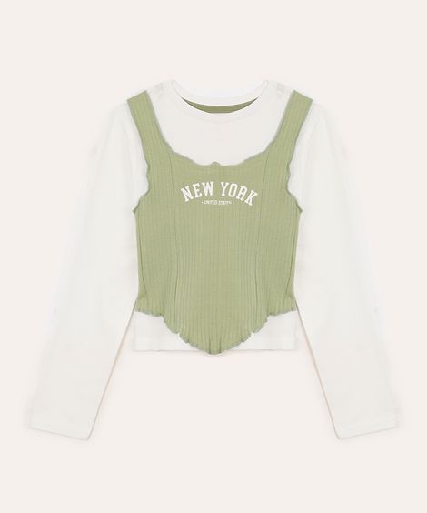 blusa de algodão infantil new york com sobreposição verde