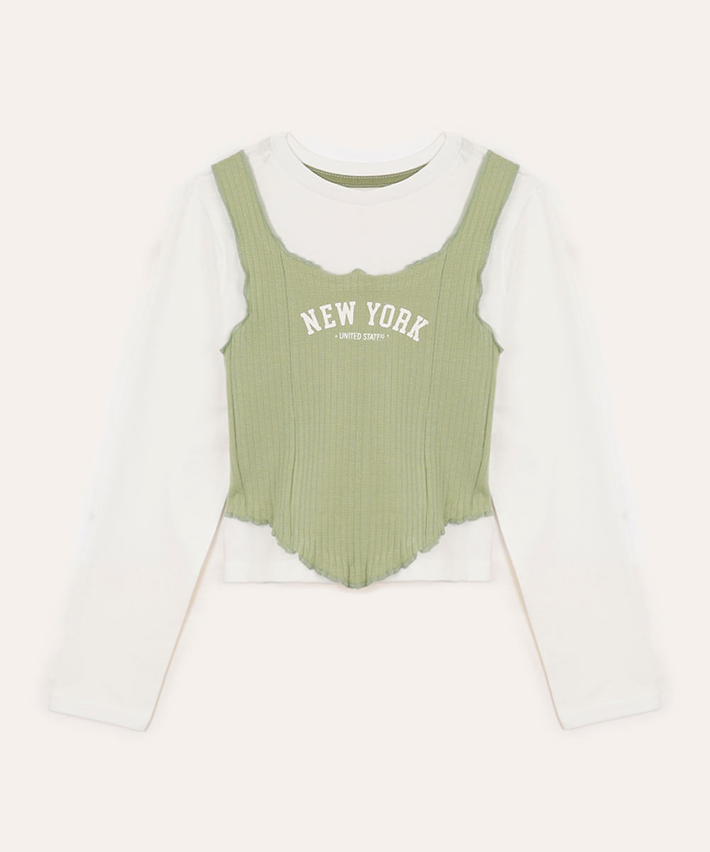 blusa de algodão infantil new york com sobreposição verde