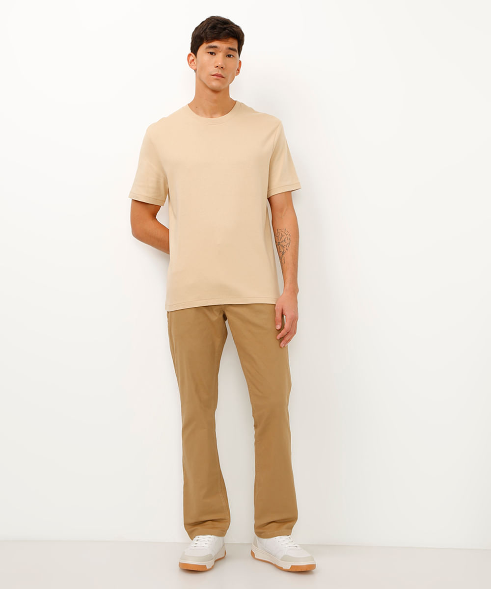 calça de sarja reta bege