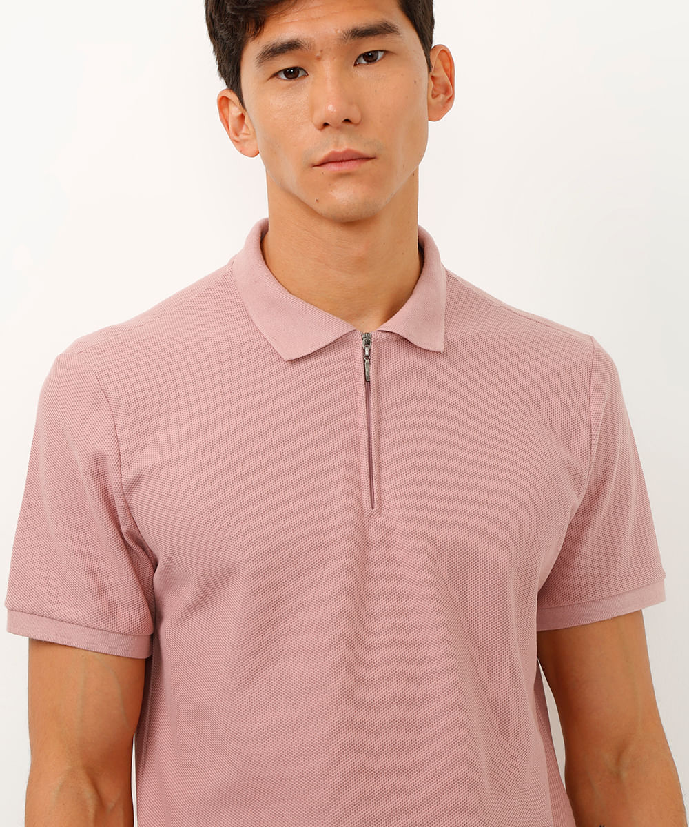 polo comfort texturizada com zíper rosa