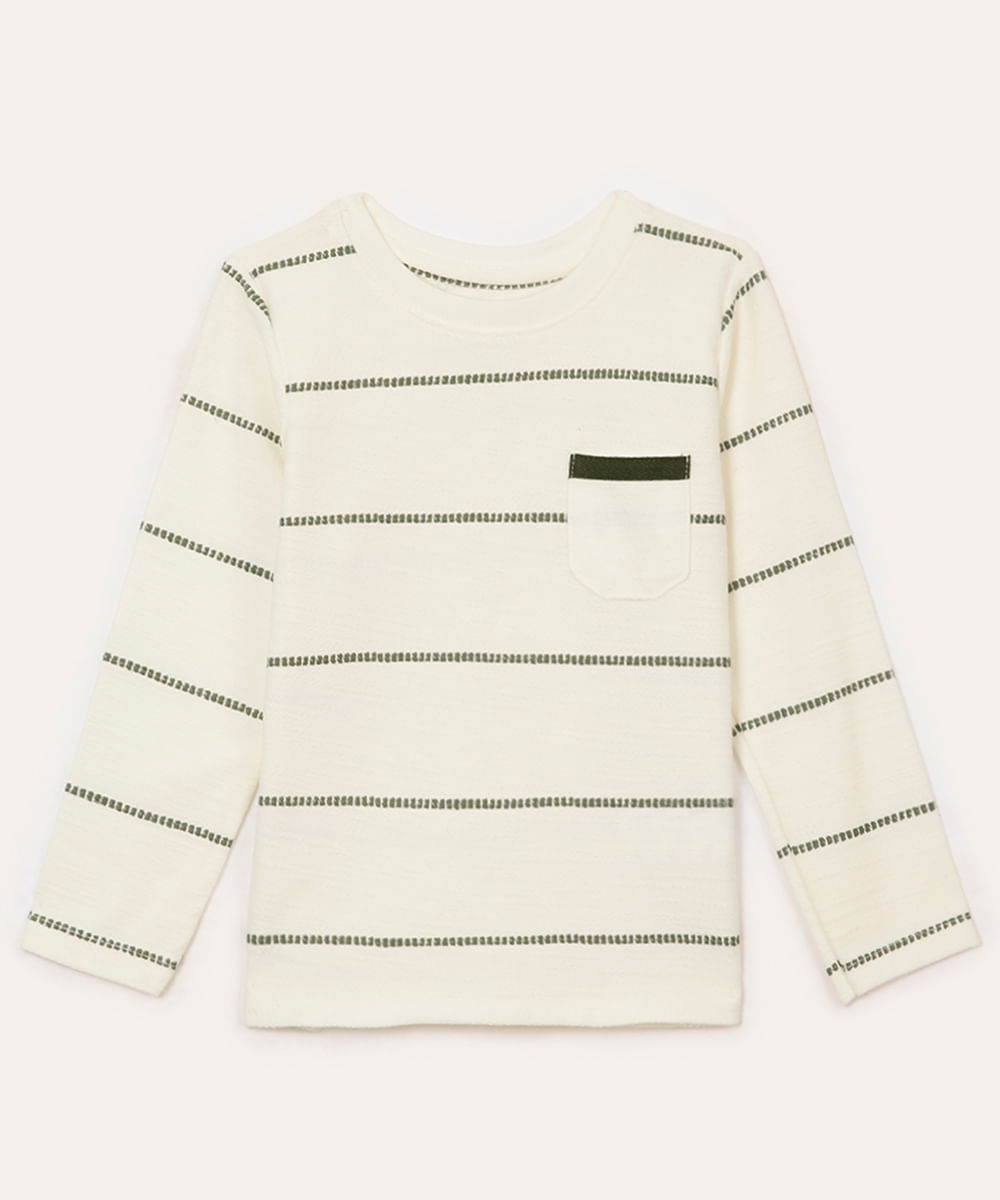 camiseta de algodão infantil listrada com bolso verde escuro