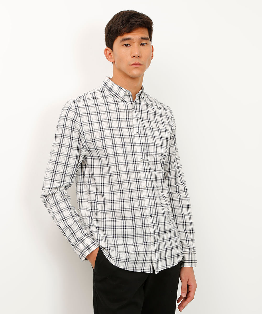 camisa comfort de algodão xadrez azul marinho