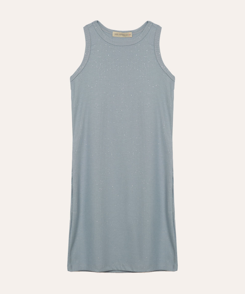vestido canelado juvenil com glitter azul