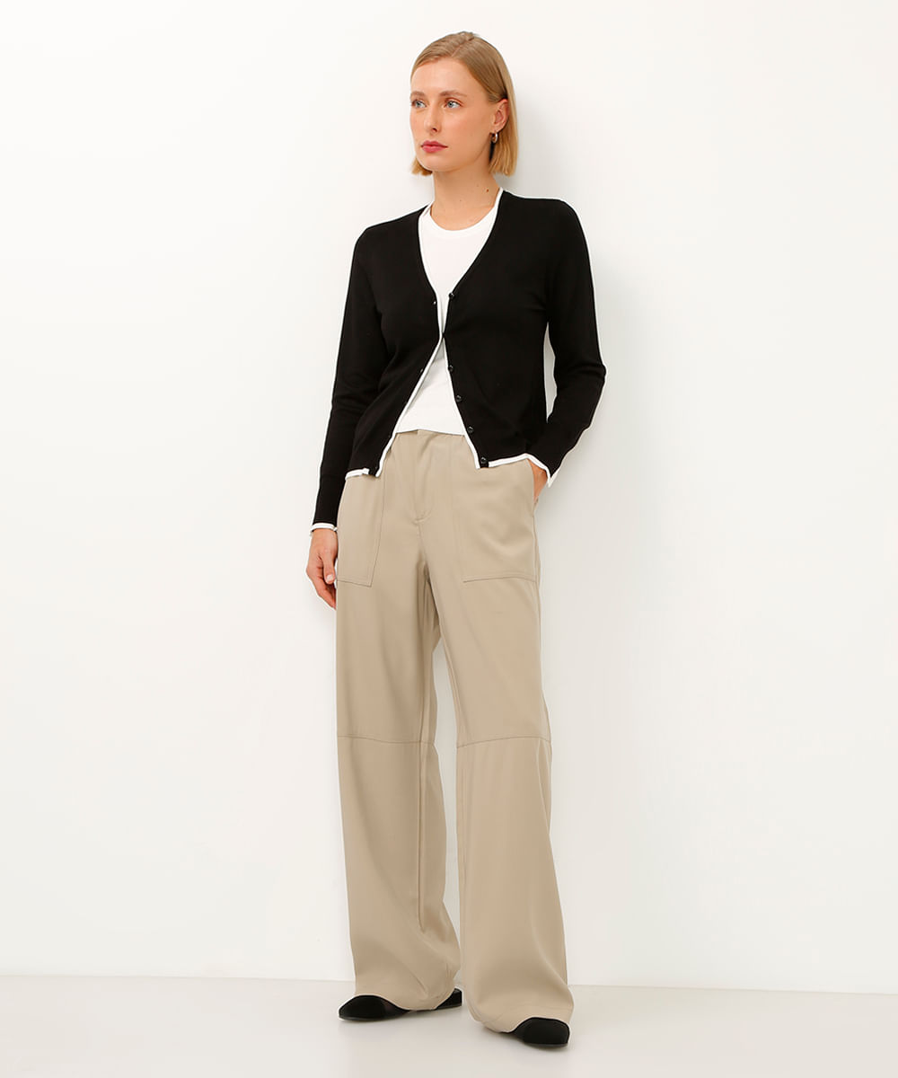 calça wide leg de alfaiataria cós com elástico bege