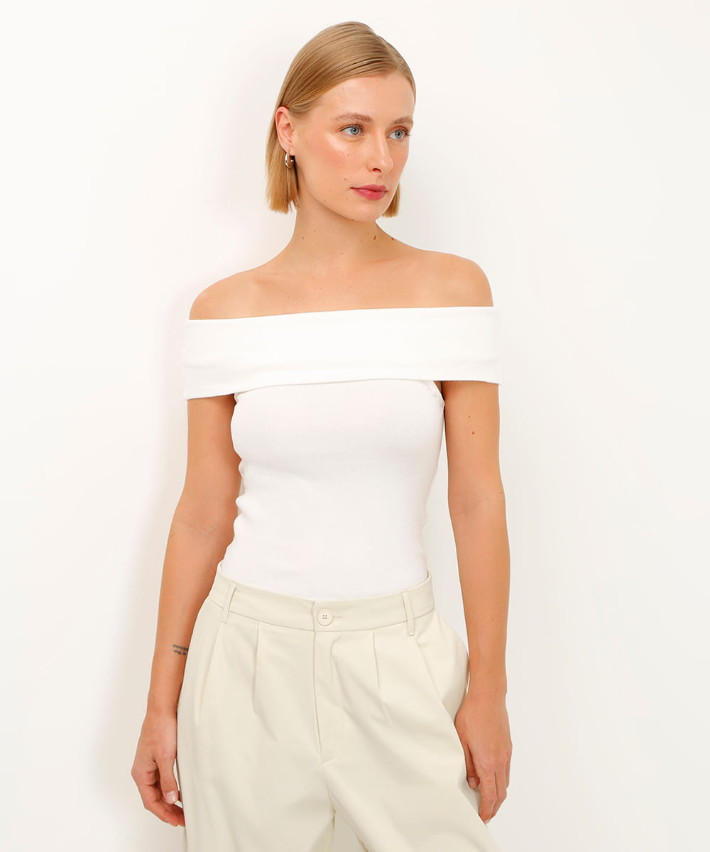 blusa de algodão ombro a ombro canelada off white