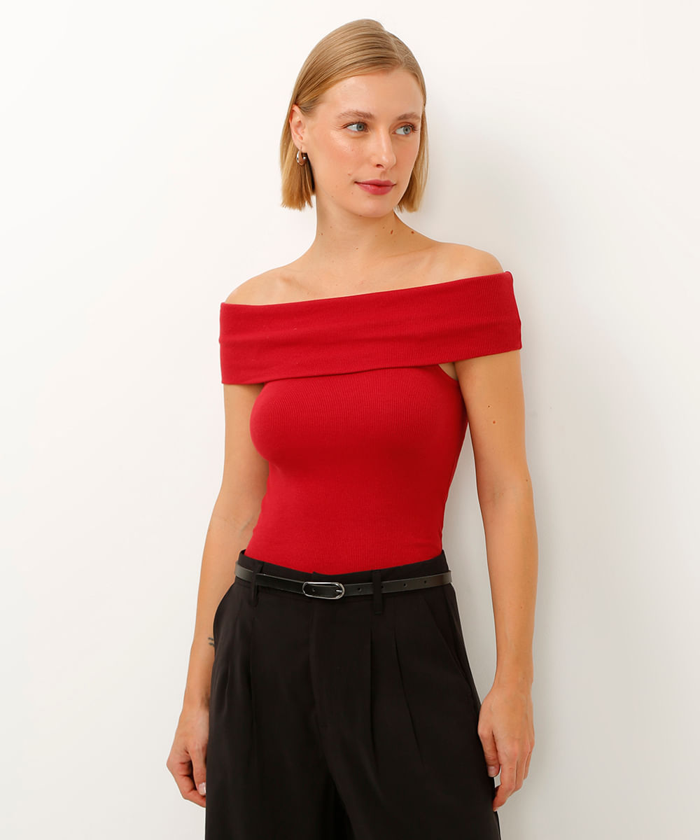 blusa de algodão ombro a ombro canelada vermelha