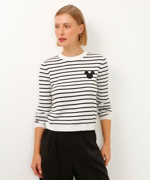 blusa de tricot manga longa mickey listrada off white