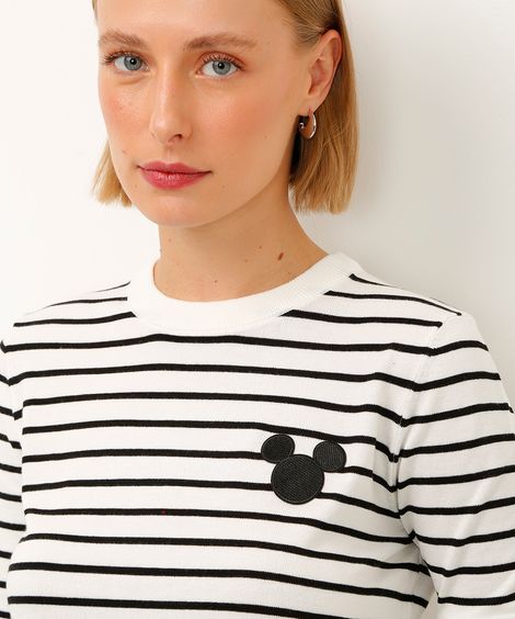 blusa de tricot manga longa mickey listrada off white
