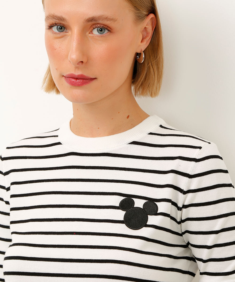 blusa de tricot manga longa mickey listrada off white