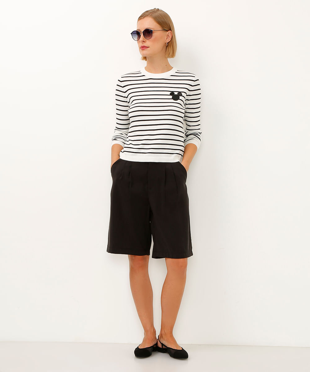blusa de tricot manga longa mickey listrada off white