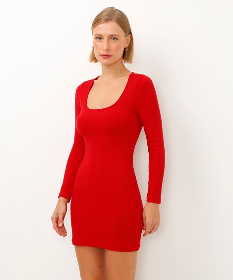 vestido curto manga longa canelado vermelho
