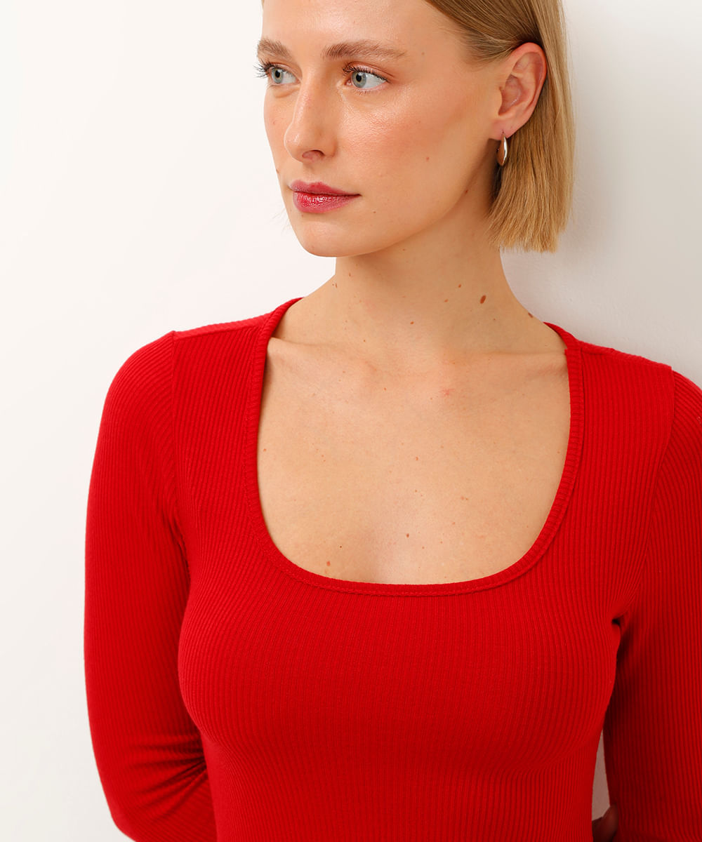 vestido curto manga longa canelado vermelho