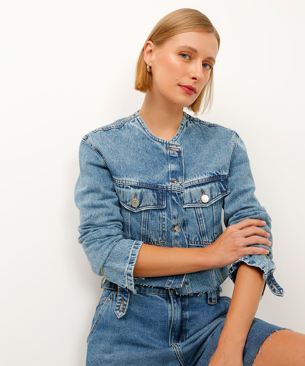 jaqueta cropped jeans azul