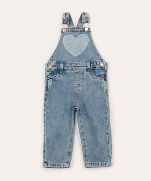 jardineira jeans infantil coração azul