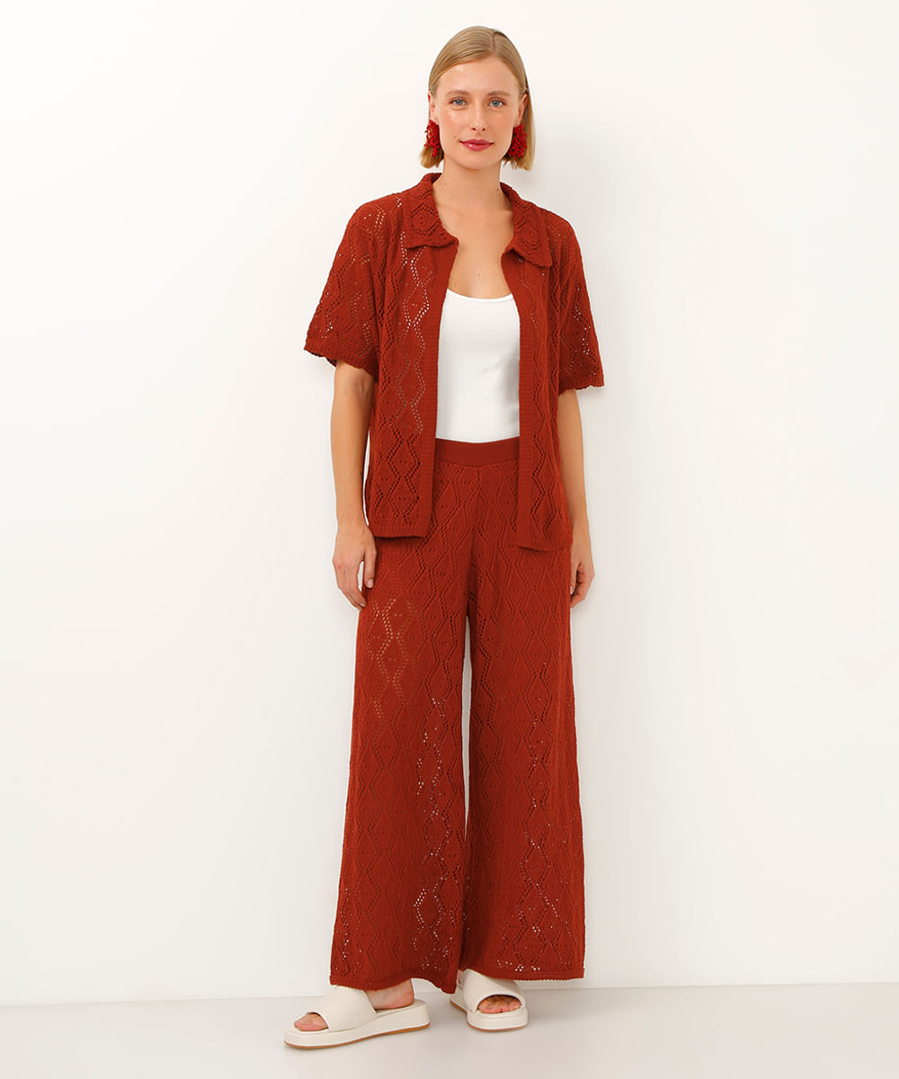 calça wide leg de tricot cintura alta terracota