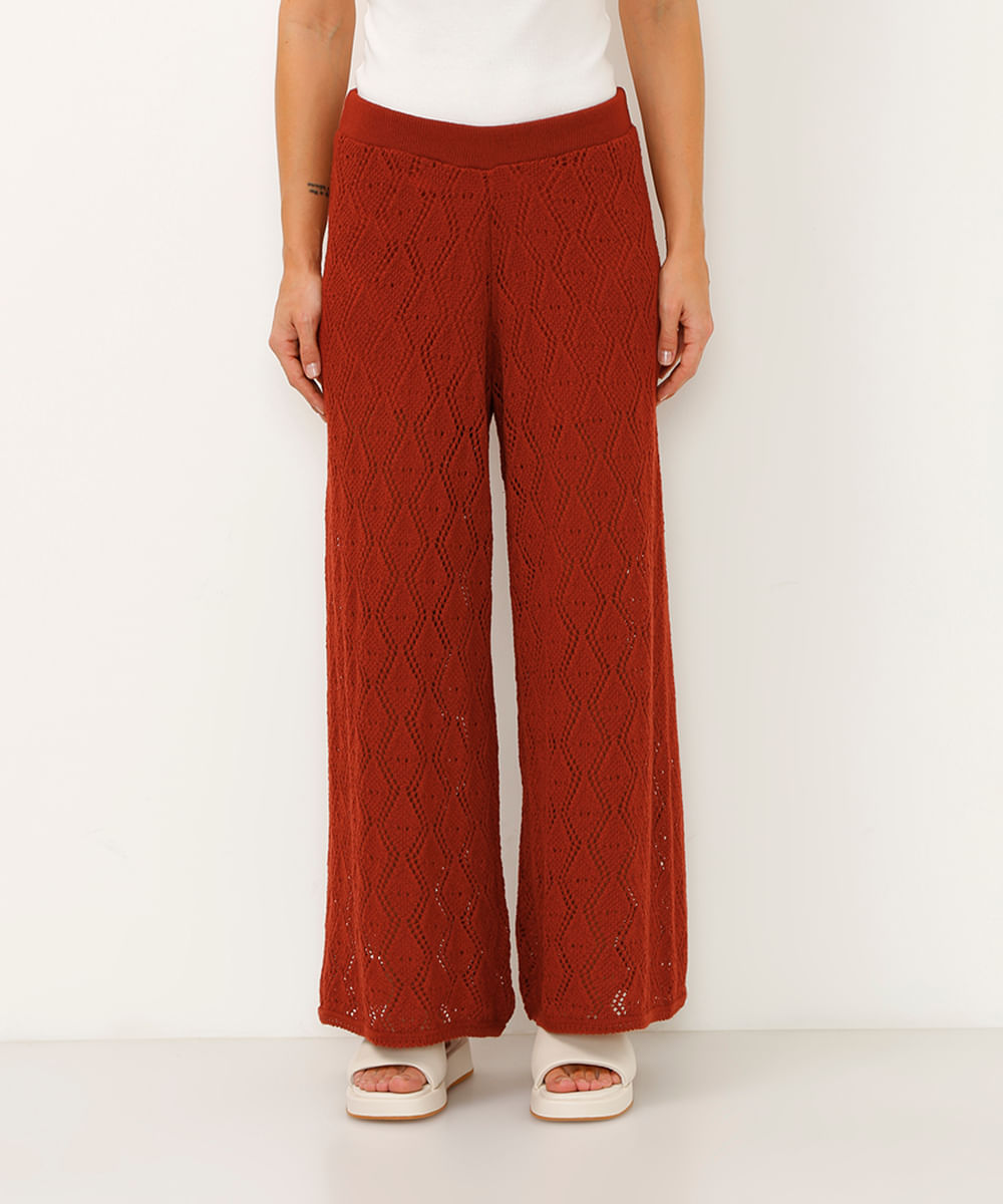 calça wide leg de tricot cintura alta terracota