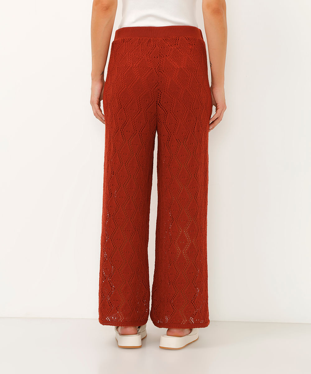 calça wide leg de tricot cintura alta terracota