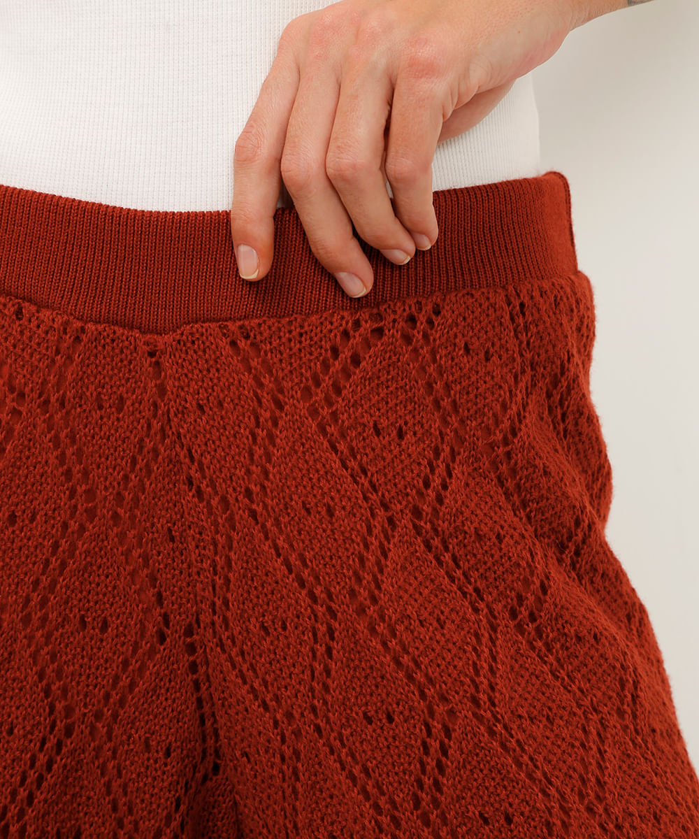 calça wide leg de tricot cintura alta terracota
