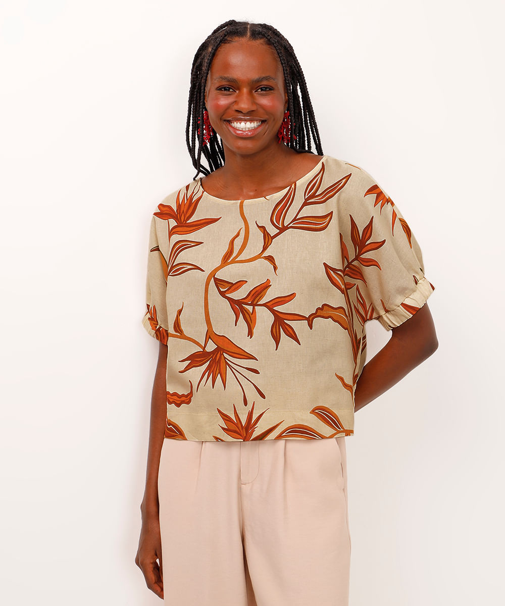 blusa com linho floral e elástico bege