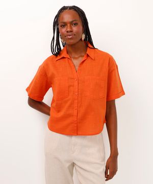 camisa cropped de algodão com bolsos laranja