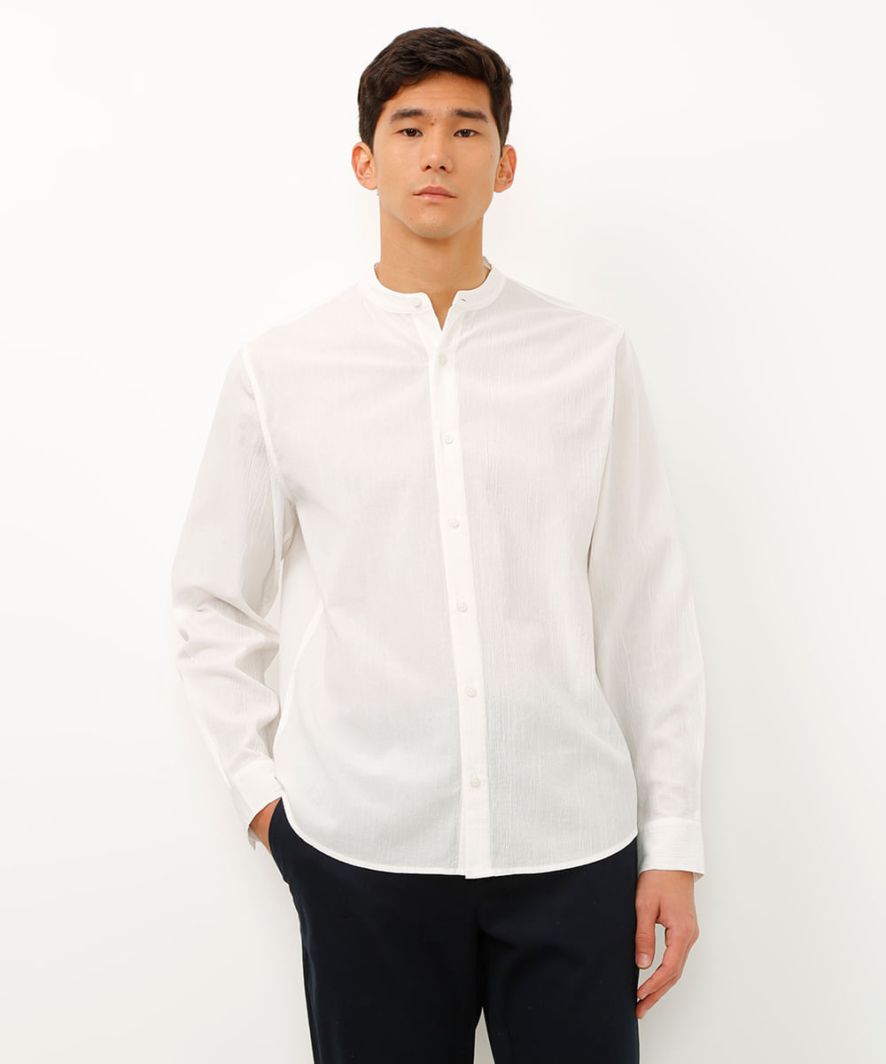 camisa texturizada gola padre manga longa off white
