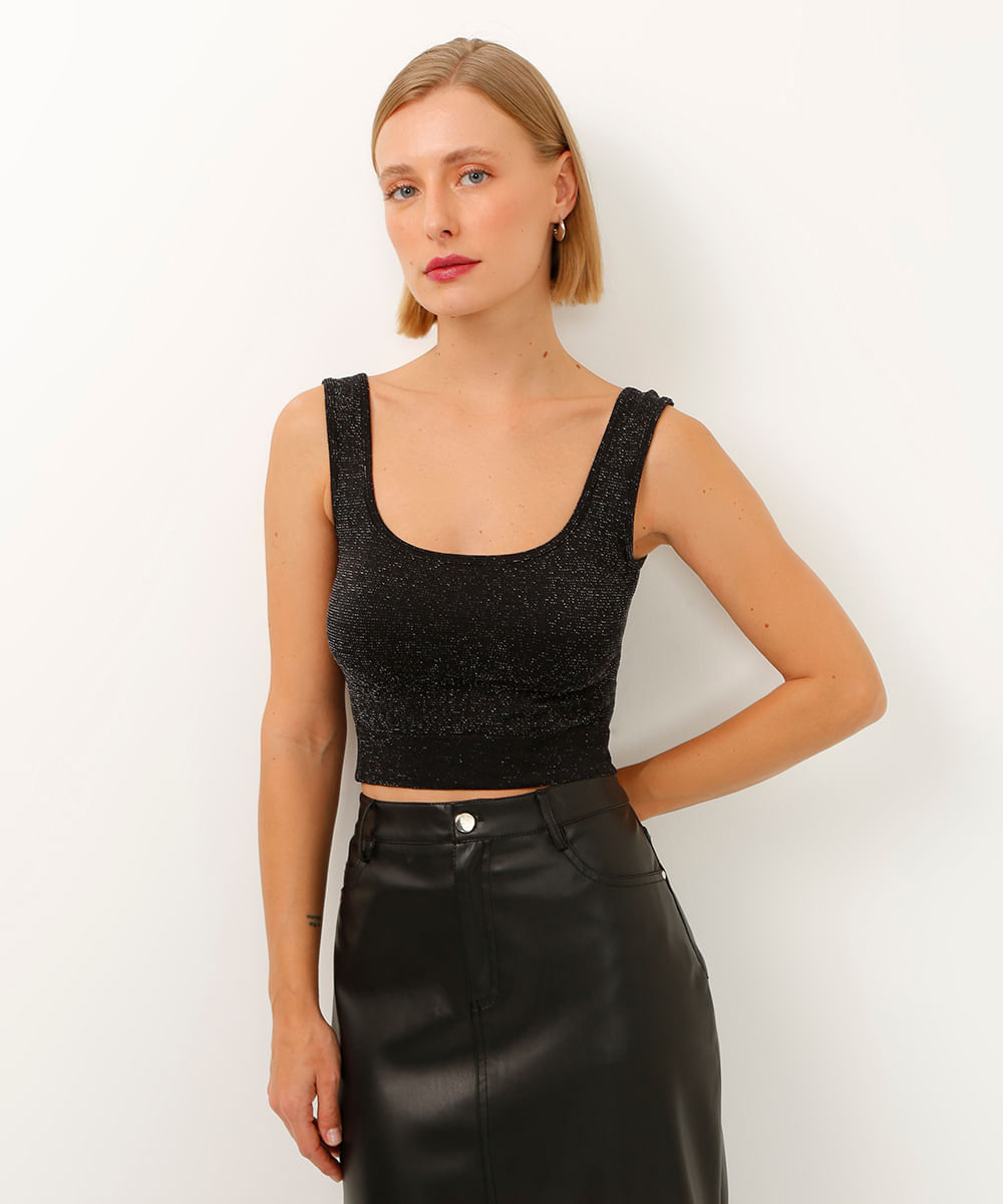 blusa cropped decote quadrado com brilhos preta