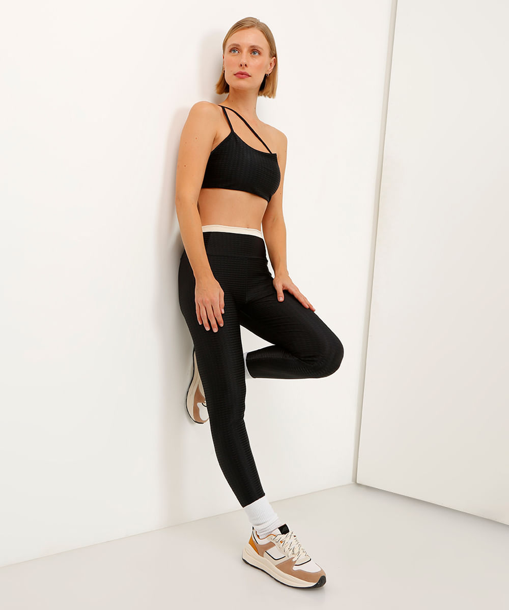 calça legging cós largo listrada bicolor esportiva preta