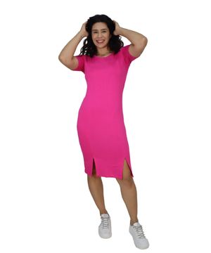 Vestido Midi Manga Curta com Fendas Frontais Rosa