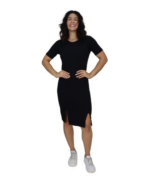 Vestido Midi Manga Curta com Fendas Frontais Preto