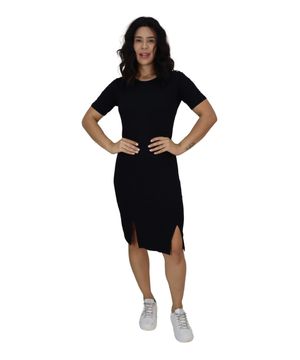 Vestido Midi Manga Curta com Fendas Frontais Preto