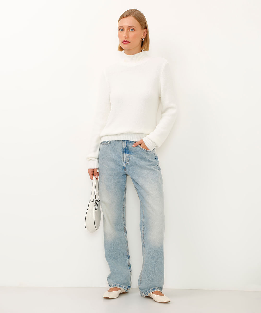 suéter de tricot gola alta off white