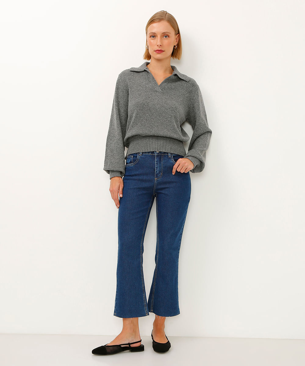 calça reta jeans cropped cintura alta sawary azul