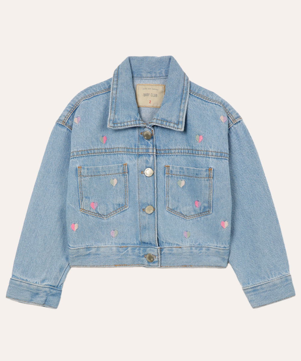 jaqueta jeans infantil corações azul
