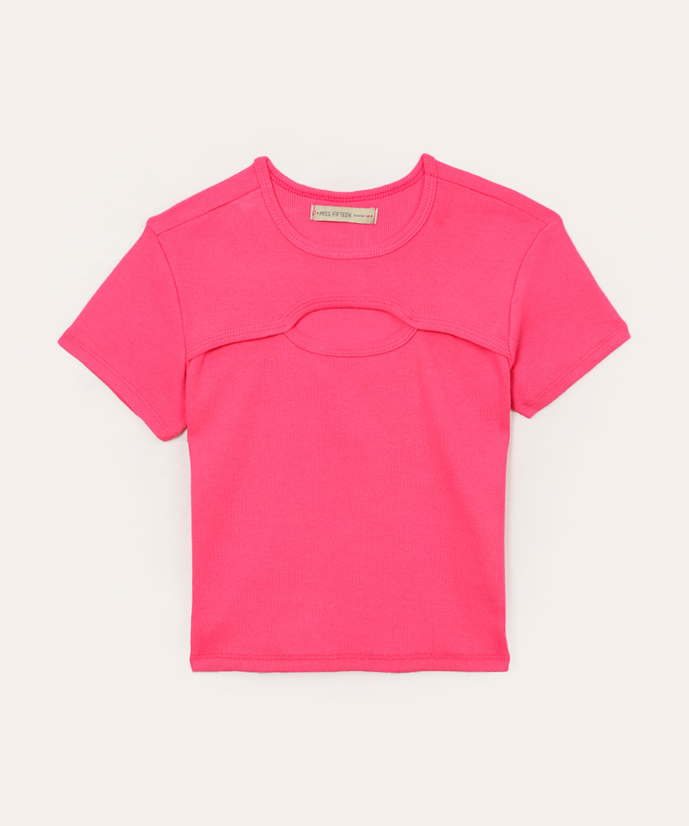 blusa cropped de algodão com recorte juvenil rosa