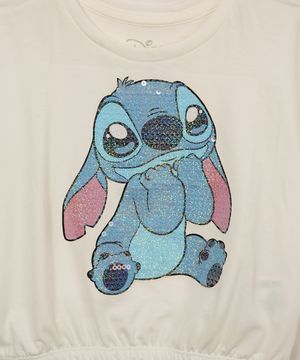 blusa de algodão infantil disney stitch com paetê manga curta off white