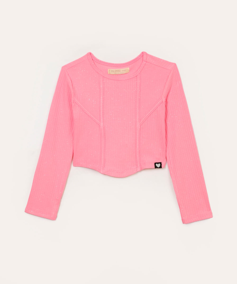 cropped corset infantil com glitter rosa claro