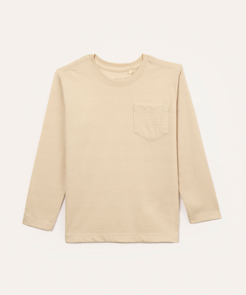 camiseta infantil com bolso manga longa bege