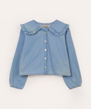 camisa jeans infantil gola boneca manga bufante azul