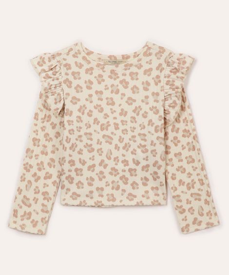 blusa manga longa com babados infantil animal print bege