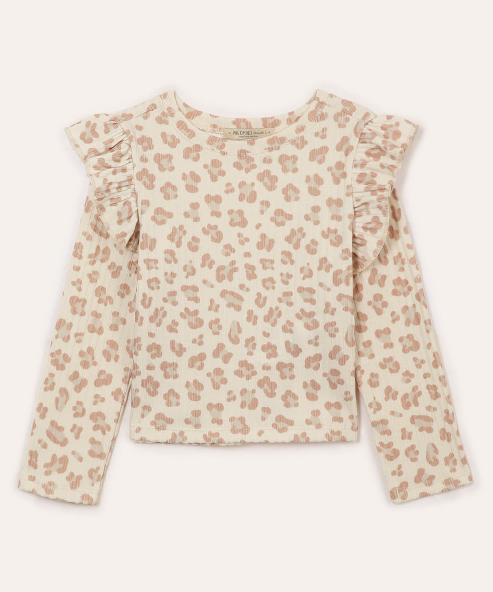 blusa manga longa com babados infantil animal print bege
