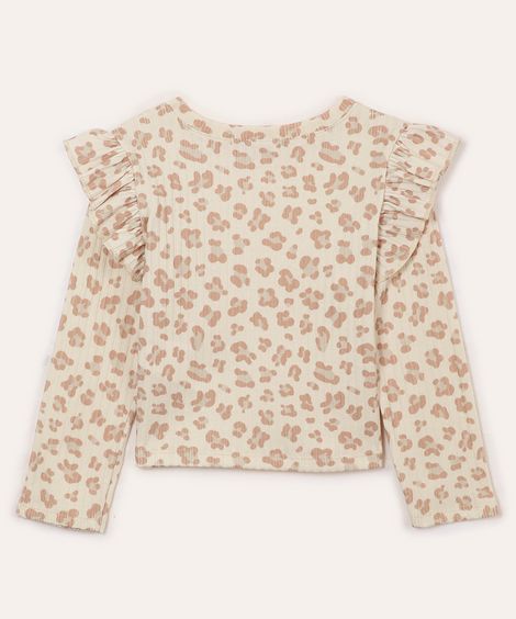 blusa manga longa com babados infantil animal print bege