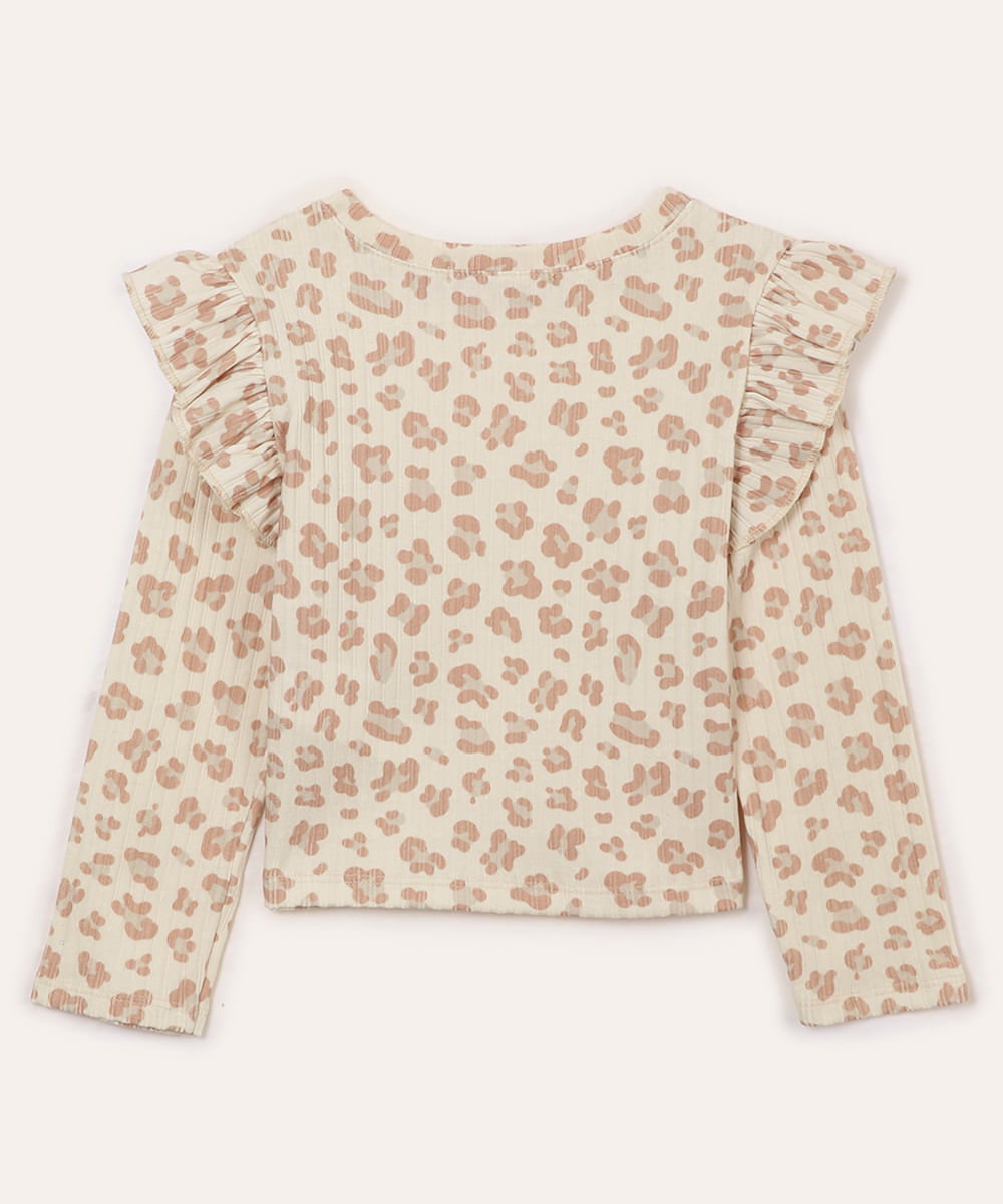 blusa manga longa com babados infantil animal print bege