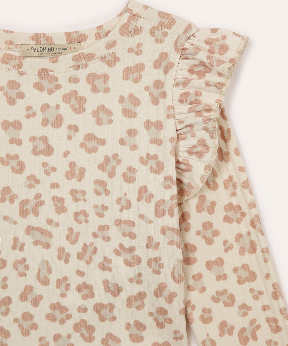 blusa manga longa com babados infantil animal print bege